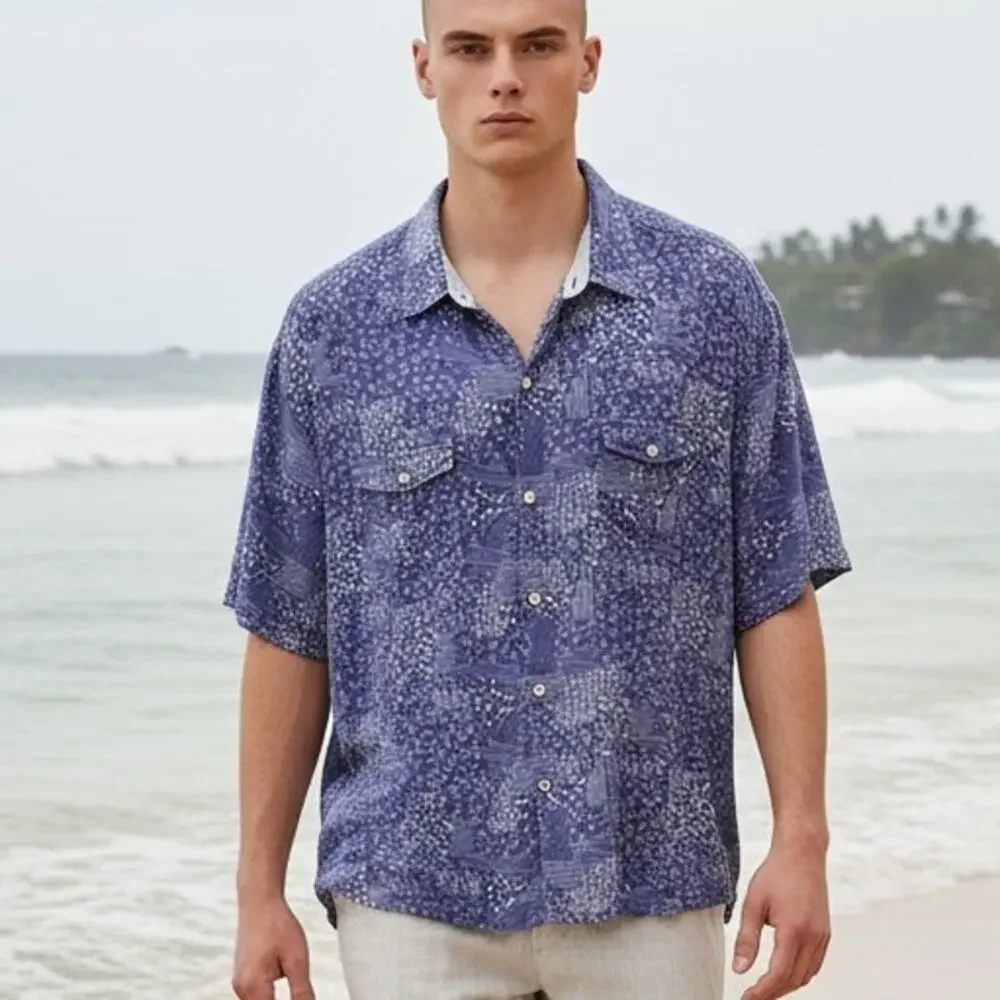 Tommy Bahama Mens Camp Shirt Silk Blend Purple Blue Floral Patchwork Button Up